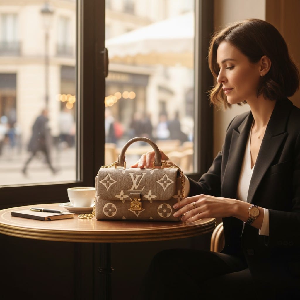 LOUIS VUITTON CREME BEIGE MONOGRAM MADELEINE MM CROSSBODY